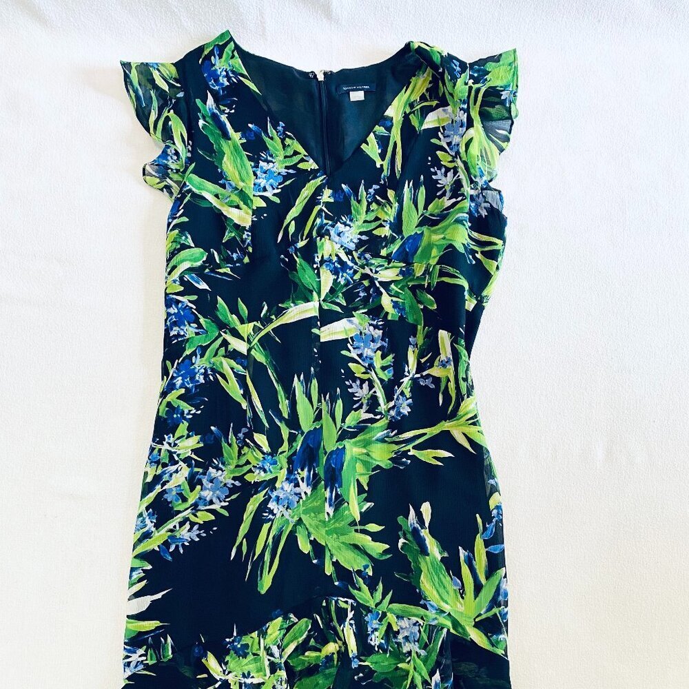 Tommy Hilfiger dress Women's 12 navy green floral high low ruffle feminine - Picture 4 of 14